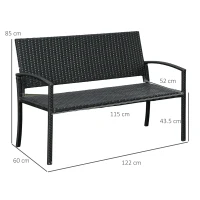 Outsunny Panchina da Giardino ed Esterno in Rattan, Panca in Rattan Nero 2 Posti, 122x60x85cm(m-3)
