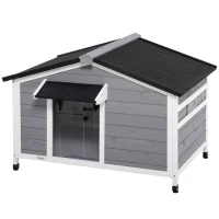 PawHut Hundehütte aus Massivholz, wetterbeständig, Asphaltdach, abnehmbarer Boden, 109 cm x 79 cm x 72 cm, Grau + Weiß(m-10)
