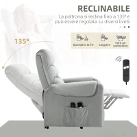 HOMCOM Poltrona Relax Reclinabile a 135°, Massaggiante e Alzapersona con Telecomando, 79x97x103cm, Grigio(m-5)