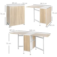 HOMCOM Table pliable de cuisine pour 4 personnes table à manger 4 niches intégrées pour petit espace dim. dépliées 169L x 62l x 75H cm MDF chêne clair acier blanc(m-3)