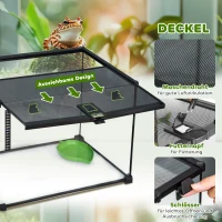 PawHut Terrarium für Reptilien Reptile Fütterungsbox Glasterrarium Amphibien Spinnentiere mit Thermometer Reptilienzuchtbox für Schnecken Amphibien Insekten Schildkröten Schwarz 50 x 30 x 35 cm(m-5)