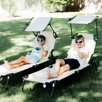 Outsunny 2 Piece Folding Sun Loungers with Canopy, Adjustable Recliner Garden Chairs with Side Pocket, Steel Frame and Breathable Mesh for Outdoor, Pool, Beach, Garden, Tan Brown(m-8)
