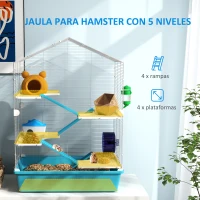 PawHut Jaula para Hámster de 5 Niveles con Plataformas Cuenco Bebedero Casita Rampas y Rueda de Ejercicio 58x36x81cm Azul Claro(m-4)