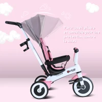 HOMCOM Tricycle enfant évolutif pare-soleil pliable canne télescopique amovible 115L x 54l x 96H cm métal rose blanc noir(m-8)