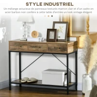 HOMCOM Table console table d'appoint d'entrée industriel 3 tiroirs 1 plateau aspect bois 100 x 35 x 76,5 cm marron clair noir(m-4)