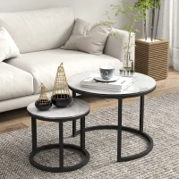 HOMCOM Glass Coffee Table Set of 2, Round Nest of Tables with Marble-Effect Tempered Glass Tabletop and Steel Frame, Modern Side Tables for Living Room, White(m-10)