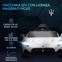 AIYAPLAY Macchina per Bambini Maserati MC20, Guida Manuale, Telecomando e Fari LED, Età 3-6 Anni, Bianco(m-4)
