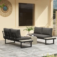 Outsunny 4 Seater L Shaped Aluminium Sectional Garden Furniture Set with 2 Loveseats and Wood-Plastic Coffee Table - Dark Grey(m-2)