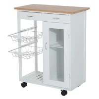 HOMCOM Chariot de service desserte de cuisine à roulettes multi-rangements 70L x 37l x 85H cm plateau bois massif bambou pin blanc(m-4)
