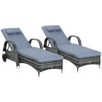 Outsunny 2PC Rattan Sun Lounger Recliner Bed Reclining Chair Patio Garden Outdoor Wicker Weave Adjustable Headrest with Fire Retardant Cushion – Grey(m-11)