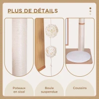 PawHut Arbre à chats design contemporain griffoirs grattoirs sisal naturel centre d'activités niche plate-formes jeu boules suspendues 71,5L x 49,5l x 120H cm MDF hêtre clair(m-7)