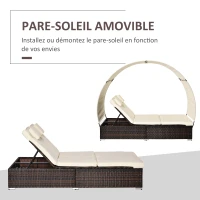 Outsunny Lit de jardin modulable bain de soleil 2 places grand confort pare-soleil amovible matelas tétière crème résine tressée 4 fils chocolat(m-6)