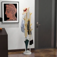 HOMCOM Appendiabiti da Terra di Design con Portaombrelli e 12 Ganci, Metallo e Bambù, 30.5x30.5x174.5cm, Legno e Bianco(m-2)