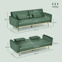HOMCOM Divano Letto 3 Posti con Design Clic Clac e 2 Cuscini, in Tessuto Effetto Velluto, 206x81x83 cm, Verde(m-3)