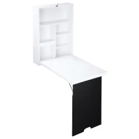 HOMCOM Bureau Mural Pliable Table Murale Rabattable Suspendue sur Pied étagère + Tableau à Craie intégré MDF Blanc(m-9)