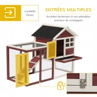PawHut Clapier cage à lapins multi-équipé : niche supérieure avec rampe, plateau excrément, fenêtre + enclos  extérieur sécurisé 2 portes 122L x 63l x 92H cm rouge brique(m-5)