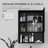 kleankin Armadietto Bagno con Specchio, Ripiani e Scaffale Regolabile, Montaggio a Parete, 60x15x76cm, Nero(m-5)