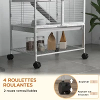PawHut Cage pour petits animaux sur roulettes 2 niveaux avec 2 portes, 1 rampe, 1 étagère de rangement 61,5 x 44,5 x 86 cm gris(m-6)
