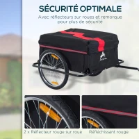 HOMCOM Remorque de transport vélo cargo barre d'attelage incluse housse amovible 4 réflecteurs charge max. 40 Kg noir rouge(m-7)