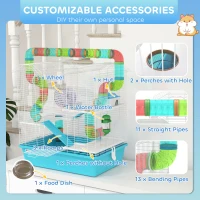 PawHut 4 Tier Hamster Cage w/ Tubes, Exercise Wheel, Hut, Water Bottle, Food Dish, Ramps, for Dwarf Hamster, Light Blue(m-6)