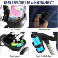 HOMCOM Triciclo para Bebés Plegable Triciclo Evolutivo 2 en 1 para Niños +18 Meses con Toldo Plegable Mango de Empuje Telescópico Reposapiés Cinturón de Seguridad y Cestas Azul(m-9)