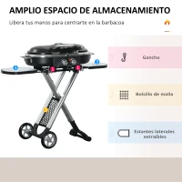 Outsunny Barbacoa de Gas Plegable 2,34 KW con 2 Quemadores 2 Ruedas Parrilla Metálica y Mesas Laterales 100x41,6x82,5 cm Negro(m-6)