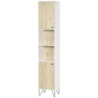 kleankin Colonna Bagno con 2 Ripiani Aperti e 2 Armadietti in Truciolato, 31.5x30x169 cm, Bianco e color Legno(m-10)