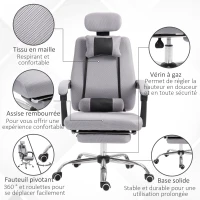HOMCOM Fauteuil de bureau manager grand confort repose-pied tétière + coussin lombaires intégrés dossier inclinable revêtement tissu micro perforé gris noir(m-8)