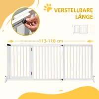 PawHut Absperrgitter Hunde Türschutzgitter Schutzgitter aus Holz Freistehendes Hundegitter mit Tür Hundeabsperrgitter Konfigurationsgitter für Kamin & Ofen Weiß 113-166 x 36 x 71 cm(m-4)