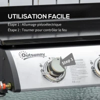 Outsunny Plancha gaz en acier inox 3 brûleurs 9 kW antiadhésive grande surface de gril 61 x 35,5 cm(m-5)