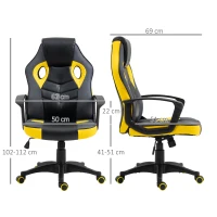 Vinsetto Sedia Gaming Ergonomica, Poltrona da Ufficio Girevole con Rotelle in Similpelle Nera e Gialla, Altezza Regolabile(m-3)