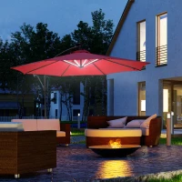 Outsunny Ombrellone da Giardino a Braccio Ø3x2.4  m con Manovella e 8 Strisce LED a Energia Solare, Rosso scuro(m-2)