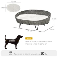 PawHut Cama para Perros Gatos de Mimbre Cesta Ratán para Mascotas Medianas Pequeñas con Cojín Lavable y Patas Elevadas de Acero 76x59x32 cm Gris y Blanco(m-3)