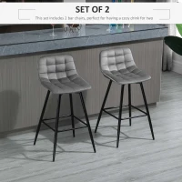 HOMCOM Set of 2 Bar Stools Velvet-Touch Dining Chairs Kitchen Counter Chairs    Fabric Upholstered seat with Metal Legs, Backrest, Grey(m-4)