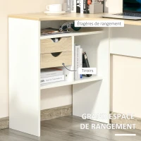 HOMCOM Bureau d'angle avec 2 tiroirs, 120 x 60 cm, bureau en L avec 3 compartiments ouverts, table informatique pour étudier, travailler, chambre, maison, aspect chêne clair(m-4)