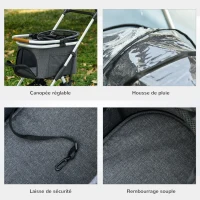 PawHut Poussette pour chiens 3 en 1 pliable panier de transport avec poignée habillage de pluie 77 x 44 x 100 cm gris(m-9)