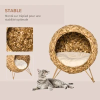 PawHut Panier chat lit surélevé chat cosy niche grotte grand confort dim. Ø 52 x 58H cm coussin moelleux beige inclus jacinthe d'eau marron(m-5)
