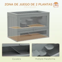 PawHut Jaula para Hámster de Madera de 2 Niveles Casa para Animales Pequeños con Plataformas Escaleras 60x35x42 cm Gris(m-4)