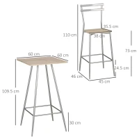 HOMCOM Set 3 Pezzi con Tavolino Alto e Sgabelli da Bar in Legno e Acciaio, Color Quercia(m-3)