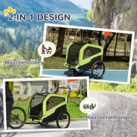 PawHut 2in1 Hundeanhänger, Schiebefunktion, 2 Eingänge, Netzfenster, Sonnenschutz, Stahlrahmen, grün, 170 x 77 x 90 cm(m-4)