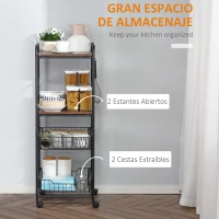 HOMCOM Carrito Auxiliar de Almacenaje con 2 Estantes 2 Cestas Extraíbles y 4 Ganchos 40x38x111 cm Nogal y Negro(m-4)