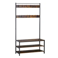 HOMCOM Garderobenständer mit 12 Haken und Schuhregal Kleiderständer Wandgarderobe Stahl Braun+Schwarz 100 x 40 x 184 cm(m-10)