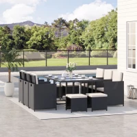 Outsunny Set 11 PZ Mobili da Giardino in Rattan da Esterno con Tavolo in Vetro Temperato e Cuscini, Set da Pranzo, Nero(m-2)