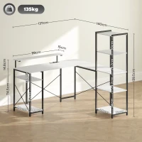 HOMCOM Scrivania Angolare con Presa Elettrica e USB, Scaffale e Supporto per Monitor, Bianco e Nero(m-3)