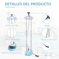 HOMCOM Plancha Vertical 1950W 2 L Plancha de Vapor Vertical con Temperatura Ajustable en 11 Niveles y Barra Telescópica Centro de Planchado Vertical para Hogar Oficina Azul(m-6)