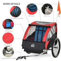 HOMCOM Child Bike Trailer Foldable 2-Seat Baby Transport Carrier with Storage Bag Five-point Safety Harness Hitch Coupler Red(m-6)