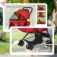 PawHut Passeggino per Cani Piccoli Pieghevole con Maniglione Girevole e Ruote con Freni, 76.5x52x95cm, Rosso(m-6)