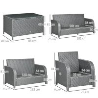Outsunny 7 Seater Outdoor Rattan Garden Furniture Sets with Wicker Sofa, Reclining Armchair and Glass Table, 181x75x81cm, Grey(m-3)