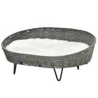 PawHut Cama para Perros Gatos de Mimbre Cesta Ratán para Mascotas Medianas Pequeñas con Cojín Lavable y Patas Elevadas de Acero 76x59x32 cm Gris y Blanco(m-10)