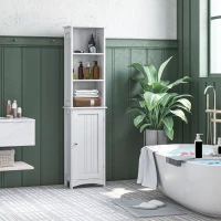 kleankin Columna de Baño con 3 Compartimientos Puerta y Estantes Ajustables para Ducha Aseo 34x23x165 cm Blanco(m-2)